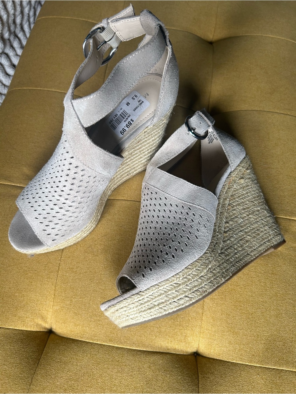 Marc Fisher Beige Suede Peep-Toe Wedge Espadrilles